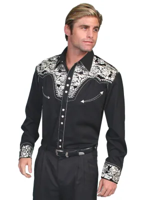 Scully Mens Shirt Western Silver Poly Blend Floral Tooled Stitch L/S UV Protective Finish Breathable Comfort Easy Care Material Scully Mens Shirt Western Silver Poly Blend Floral Tooled Stitch L/S
