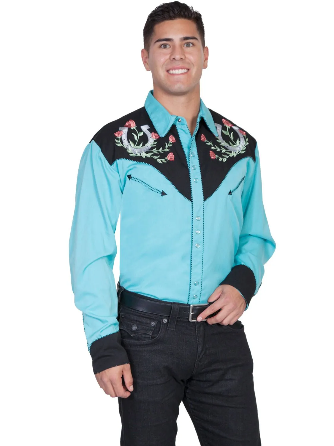 Scully Mens Shirt Western Turquoise Poly Blend Horseshoe Rose Stitch L/S Beach Ready
