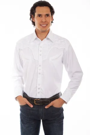Scully Mens Shirt Western White Poly Blend Floral Tooled Stitch L/S High Collar Road Trip Ready Scully Mens Shirt Western White Poly Blend Floral Tooled Stitch L/S