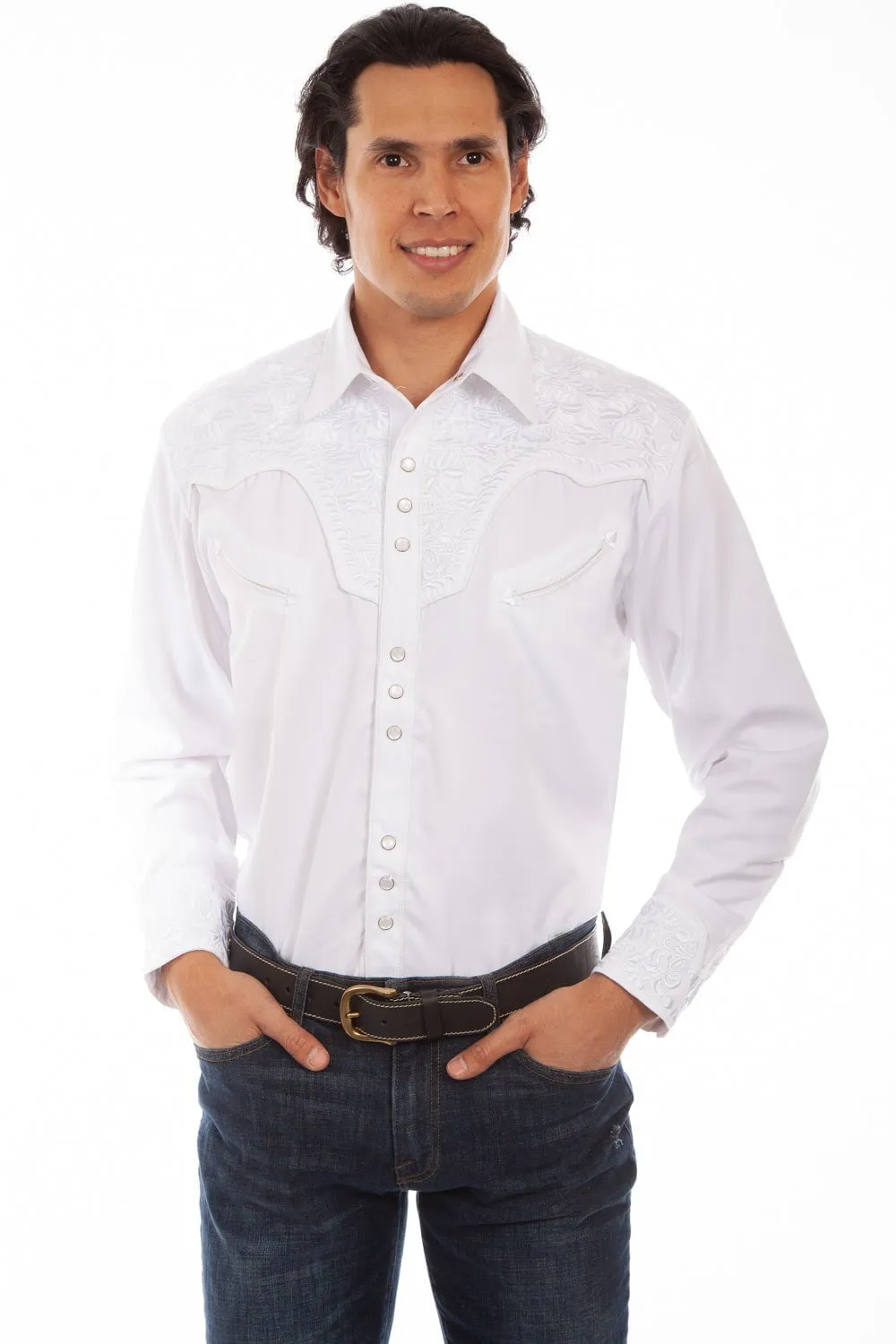 Road Trip Ready Scully Mens Shirt Western White Poly Blend Floral Tooled Stitch L/S