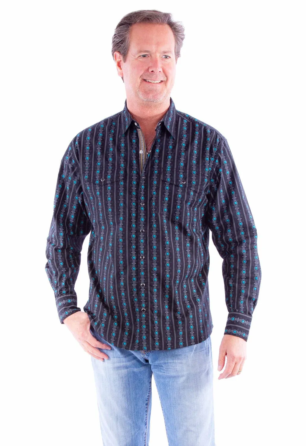 Scully Mens Skull Stripe Turquoise 100% Cotton L/S Shirt Comfy Fit Denim Blend