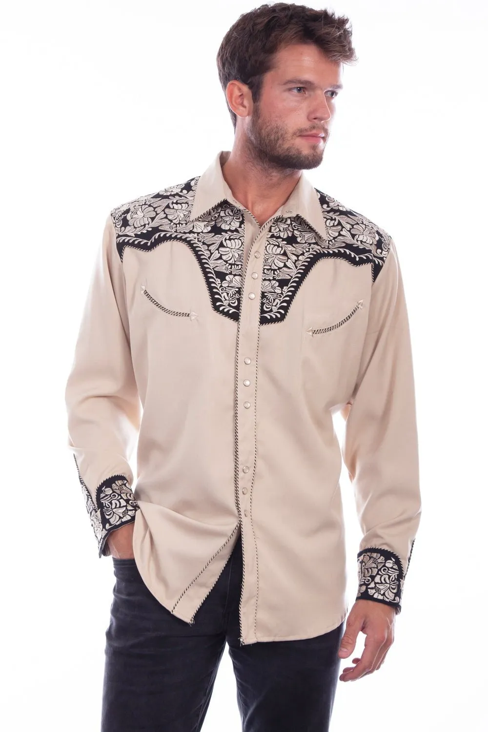 Urban Trend comfortable option Scully Mens Tan/Black Polyester Tooled Floral L/S Shirt