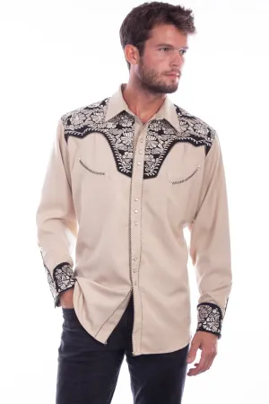 Scully Mens Tan/Black Polyester Tooled Floral L/S Shirt Round Collar Urban Trend comfortable option Scully Mens Tan/Black Polyester Tooled Floral L/S Shirt