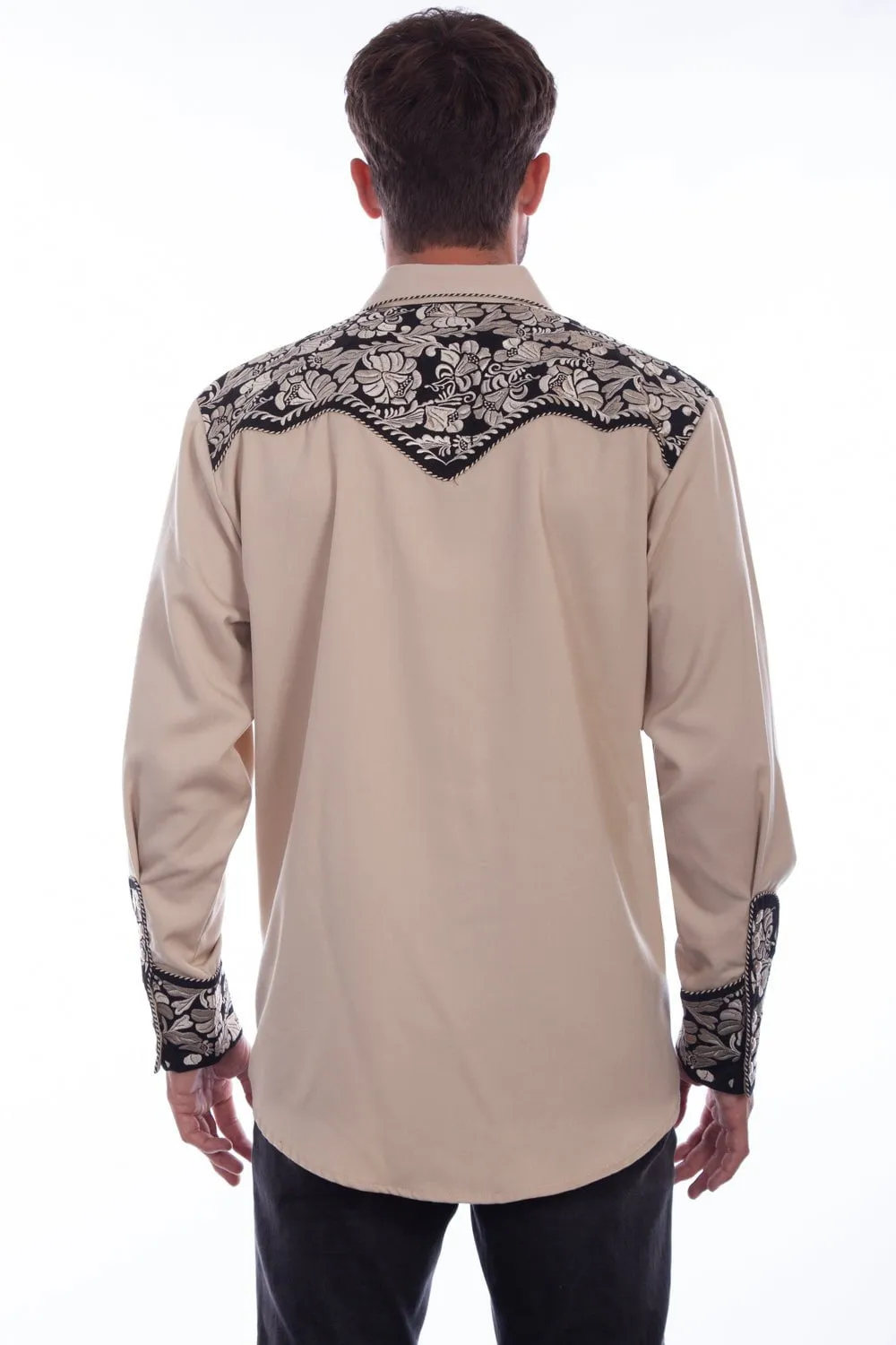 Laser Cut Edge Detail Flexible Knit Scully Mens Tan/Black Polyester Tooled Floral L/S Shirt