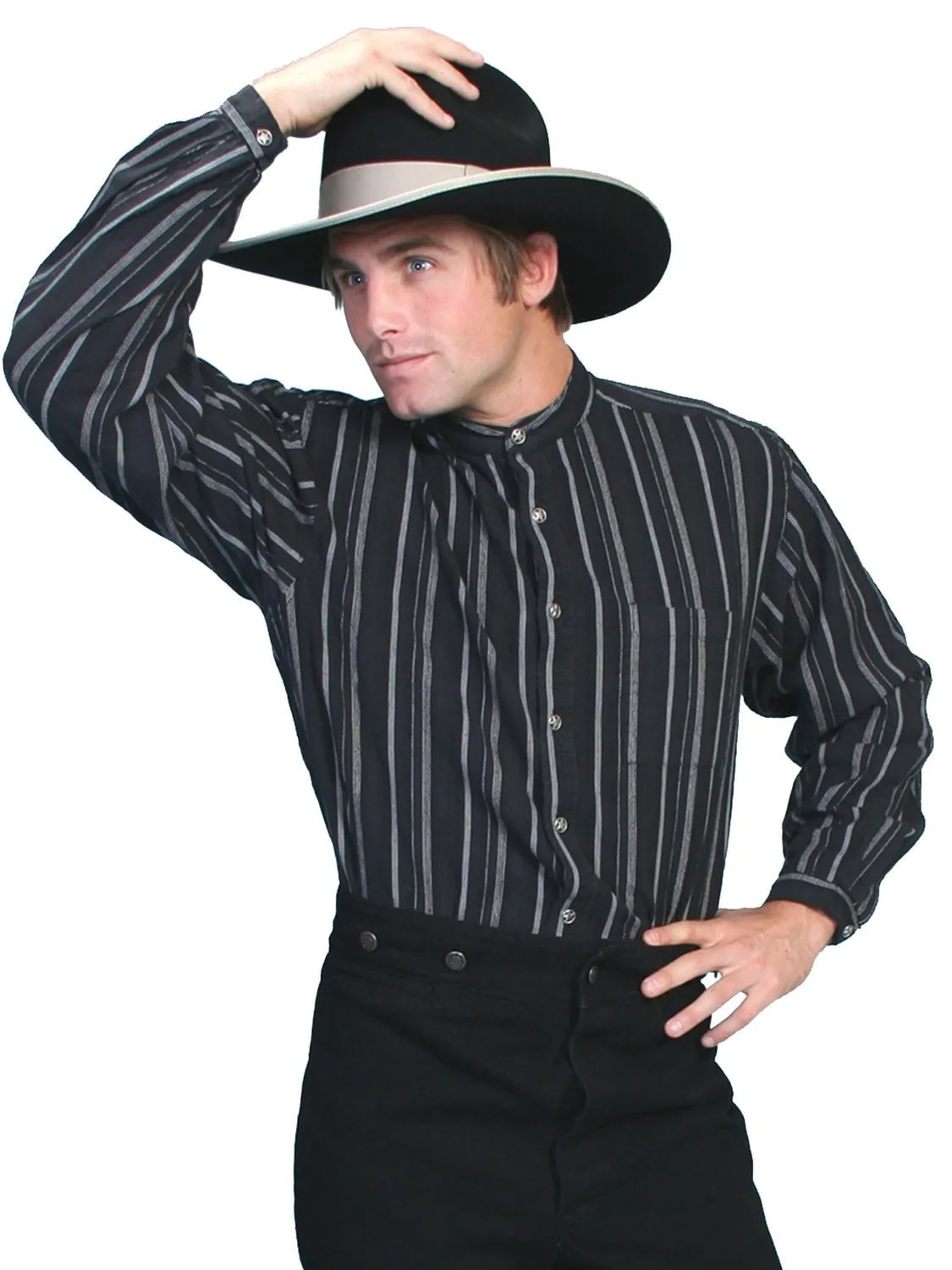 Scully RangeWear Mens Black 100% Cotton Banded Collar L/S Western Shirt Sustainable Design