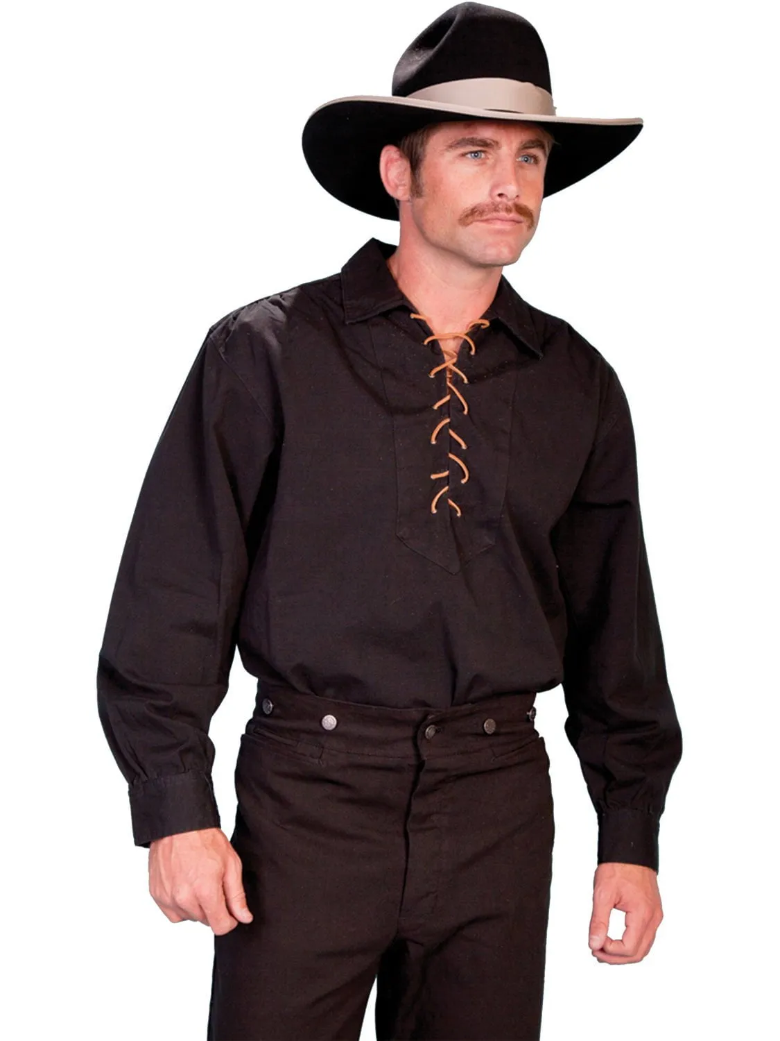 Stylish Detail Scully RangeWear Mens Black 100% Cotton Laced Placket L/S Western Shirt