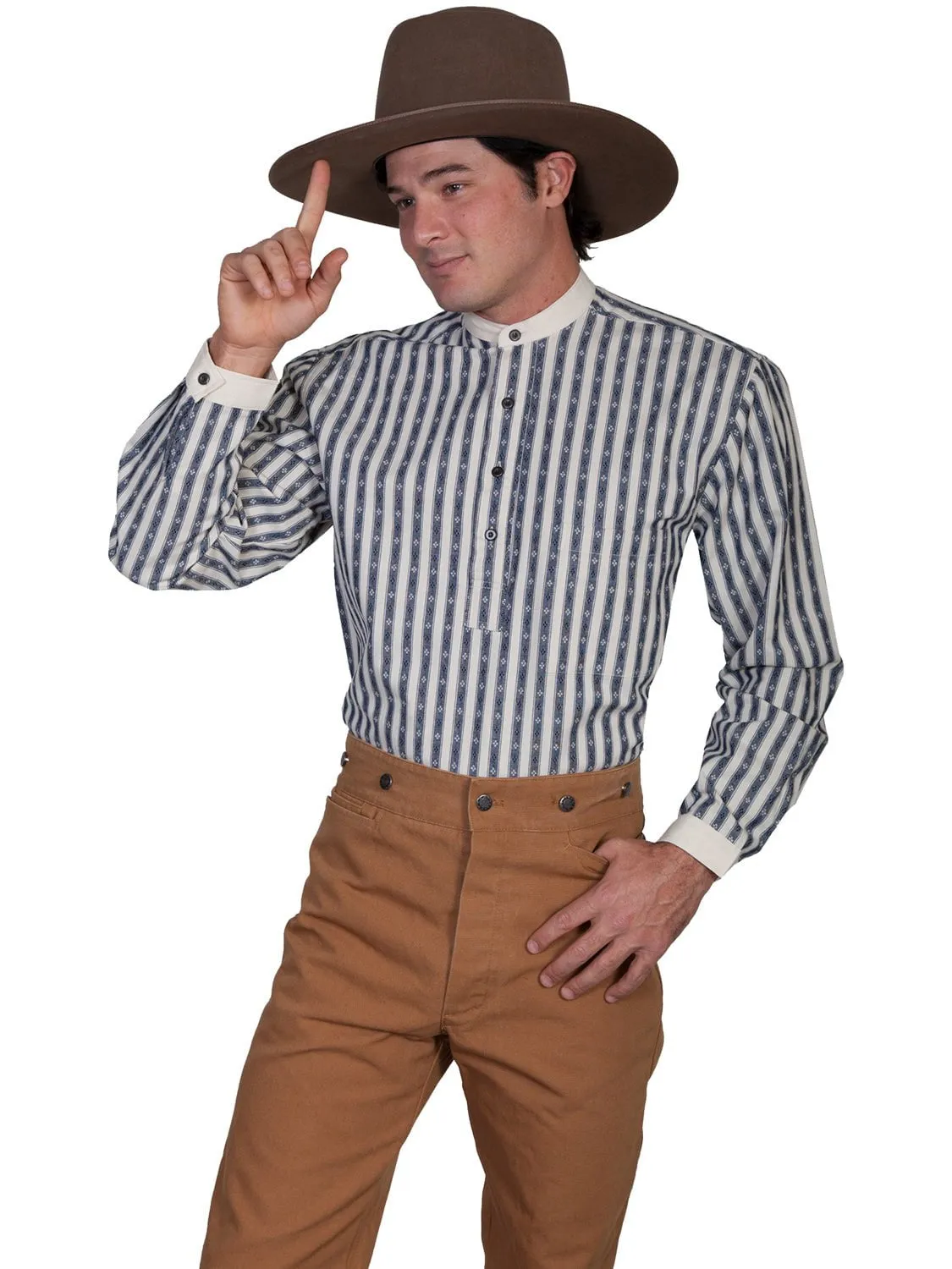 Scully RangeWear Mens Blue 100% Cotton Striped L/S Pullover Western Shirt Gift Idea