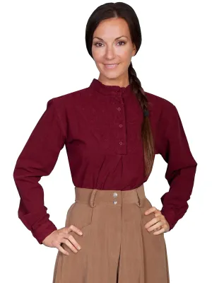 Scully RangeWear Womens Burgundy 100% Cotton Embroidered Inset L/S Blouse Trusted Wear Night Out Everyday Holiday Vibes Scully RangeWear Womens Burgundy 100% Cotton Embroidered Inset L/S Blouse