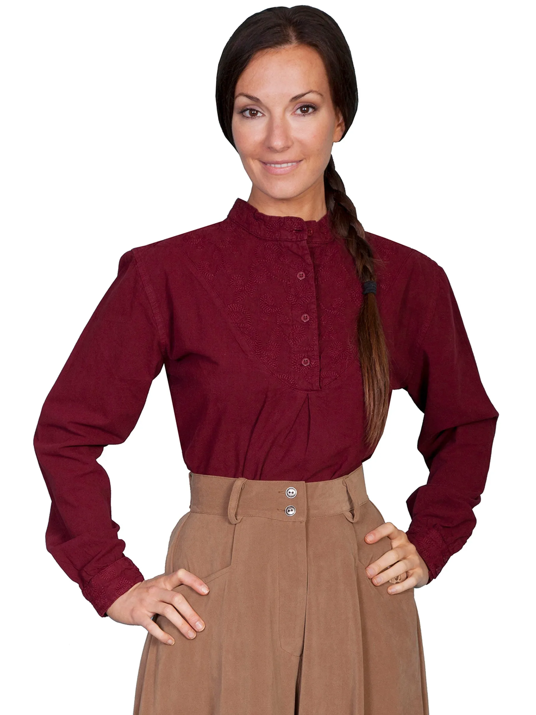 Scully RangeWear Womens Burgundy 100% Cotton Embroidered Inset L/S Blouse High-Quality Fabric
