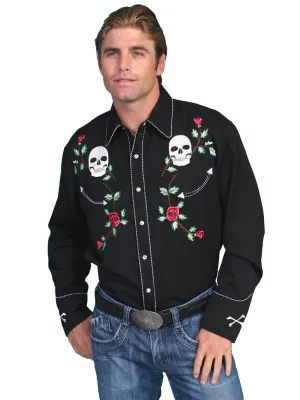 Scully Western Mens Black Polyester L/S Skull Roses Western Shirt Unisex Appeal Scully Western Mens Black Polyester L/S Skull Roses Western Shirt Flexible Knit Summer Camp