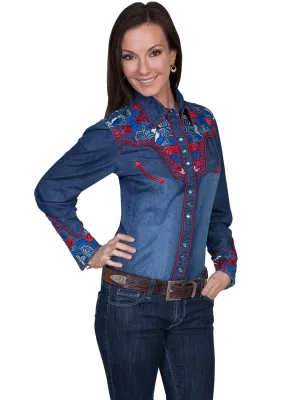 Scully Western Womens Denim Polyester L/S Multi-Floral Western Shirt Non Iron Oversized style Anti Pilling Surface Scully Western Womens Denim Polyester L/S Multi-Floral Western Shirt