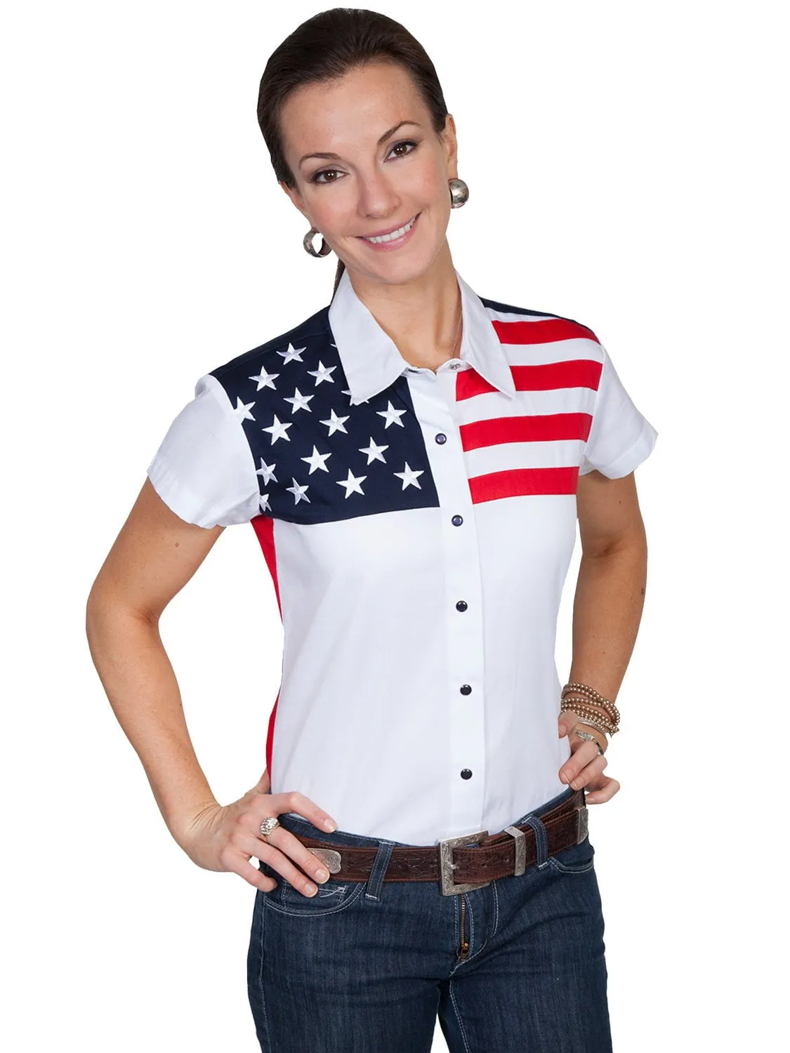 Comfy Wear Scully Western Womens White 100% Cotton S/S USA Flag Western Shirt