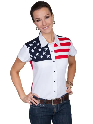 Scully Western Womens White 100% Cotton S/S USA Flag Western Shirt Tuckable Hem Scully Western Womens White 100% Cotton S/S USA Flag Western Shirt Light Wear Anti Pilling Finish