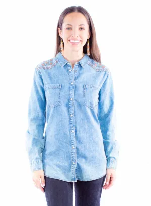 Scully Womens Acid Wash Blue 100% Cotton L/S Shirt Trendy designs No Slip Shoulder Grips Scully Womens Acid Wash Blue 100% Cotton L/S Shirt