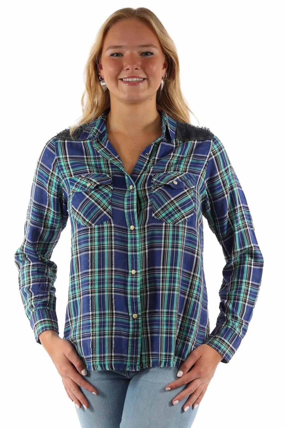 Scully Womens Airy Plaid Yokes Blue Rayon Blend L/S Shirt Smart Design Smart Look