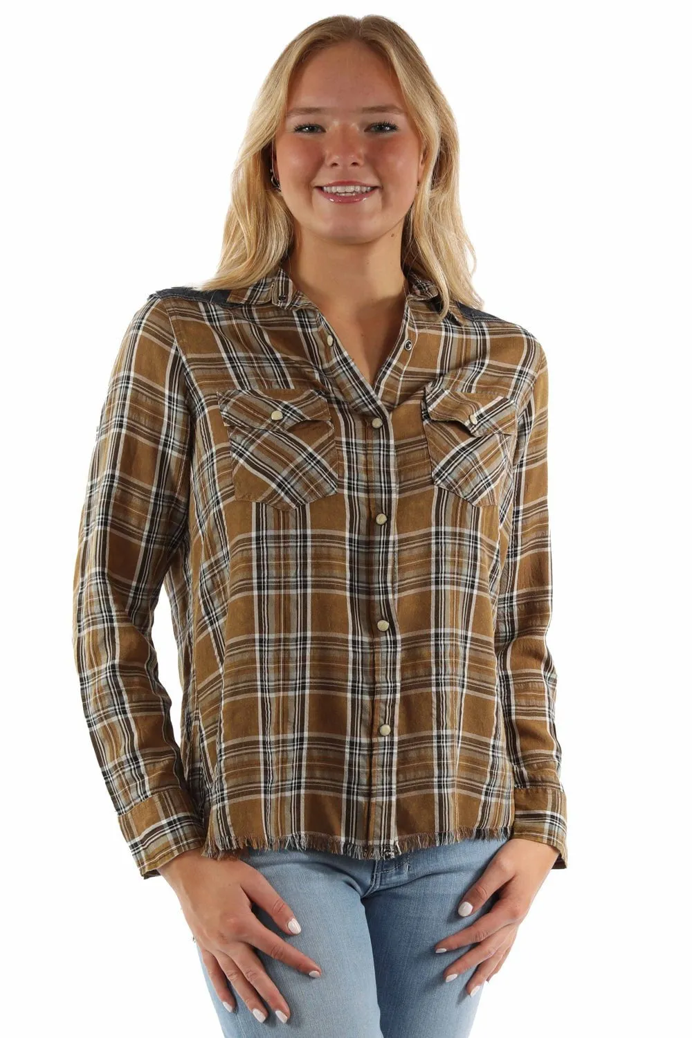 Casual Wear Scully Womens Airy Plaid Yokes Brown Rayon Blend L/S Shirt