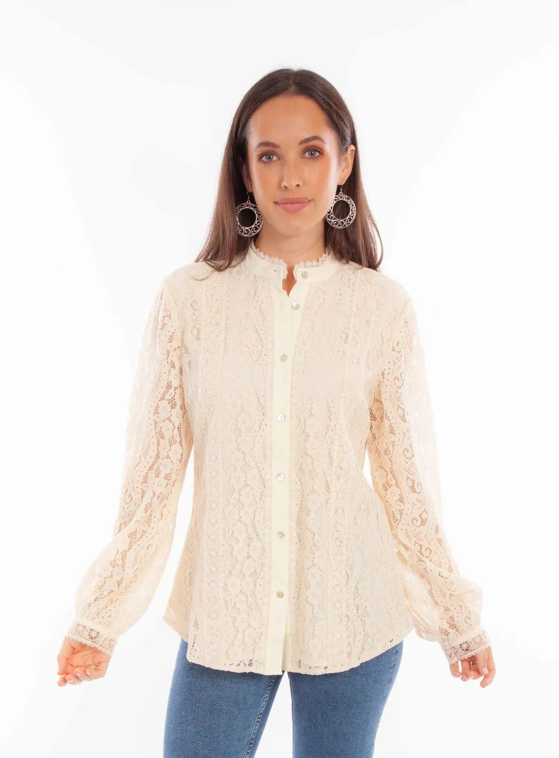 Scully Womens Allover Lace Ivory Cotton Blend L/S Blouse Holiday Gift