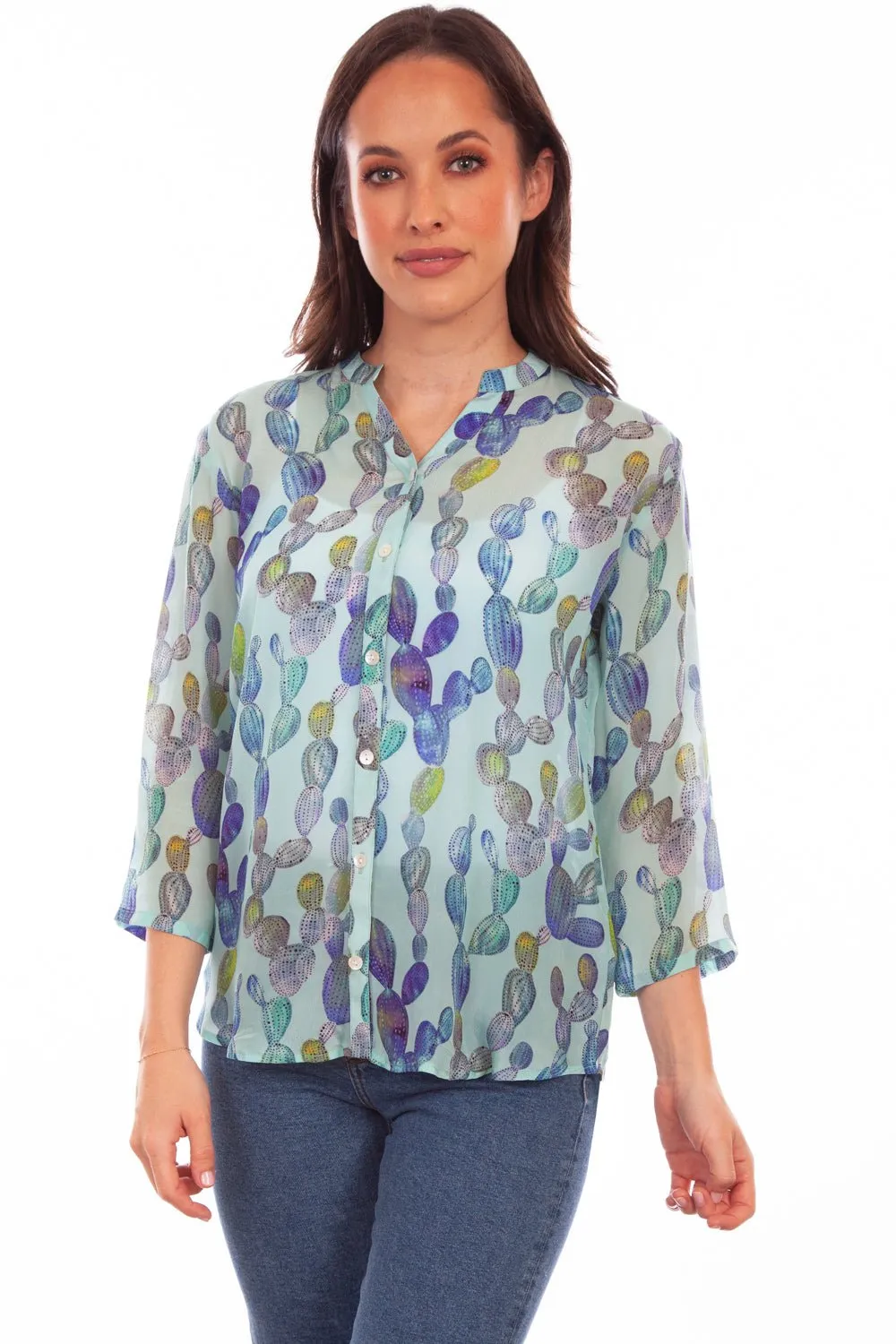 Scully Womens Aqua Rayon Cactus S/S Blouse Bold Graphics
