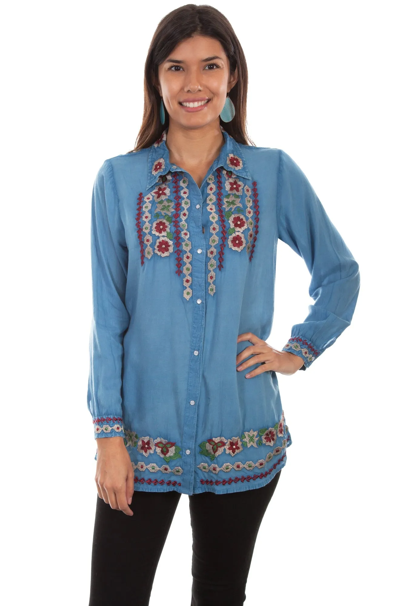 Morning Stroll Stretch Eco Conscious Denim Scully Womens Avalanche Blue Viscose Snap L/S Blouse