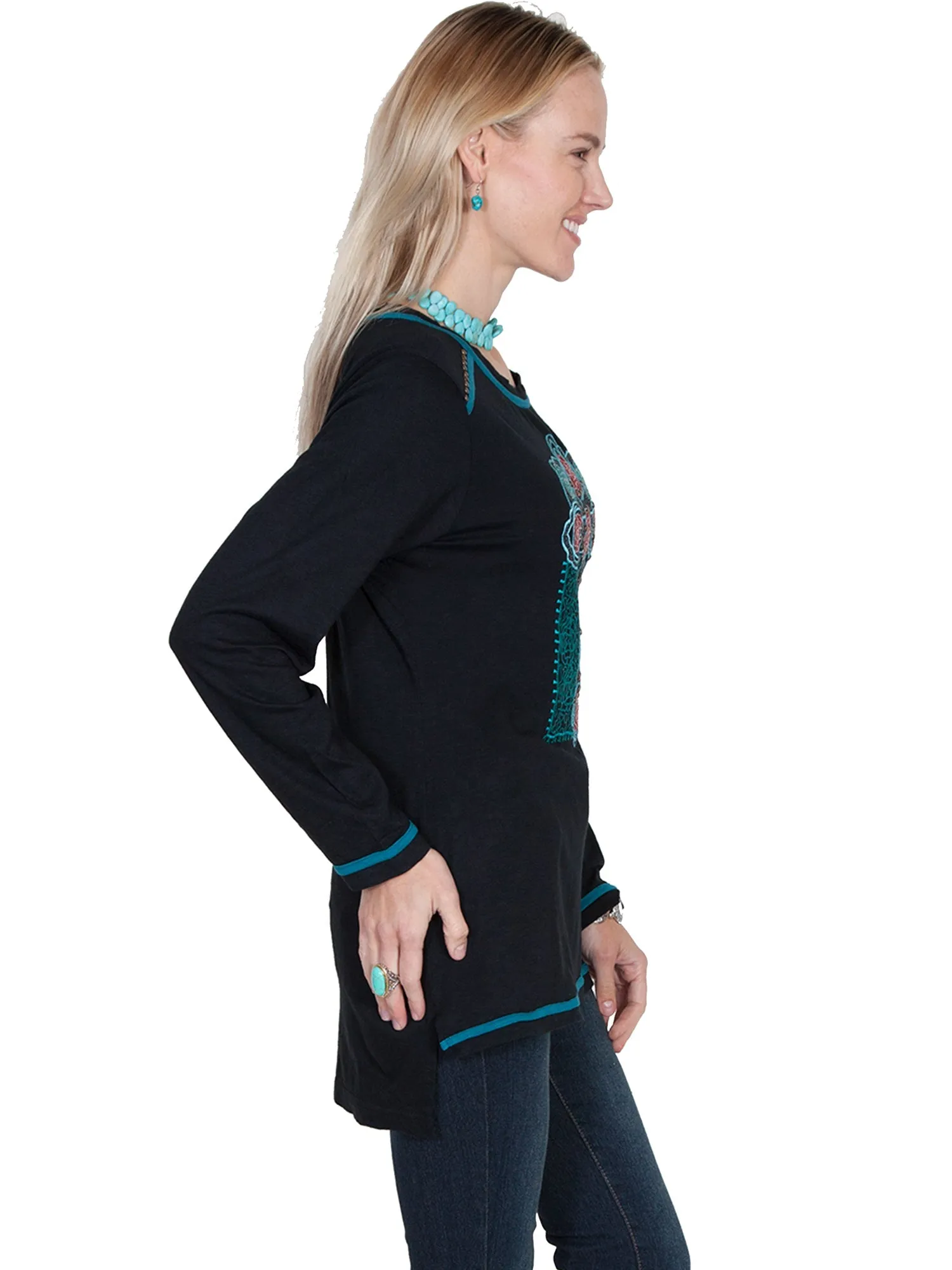 Beach Day Brunch Outfit Elegant Compact Weave Technology Scully Womens Black 100% Cotton Cross L/S Tunic