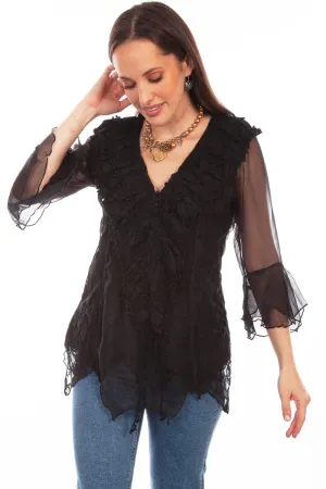 Scully Womens Black Cotton Blend Double Ruffle S/S Blouse Durable Buttonholes Scully Womens Black Cotton Blend Double Ruffle S/S Blouse Weekend Wear