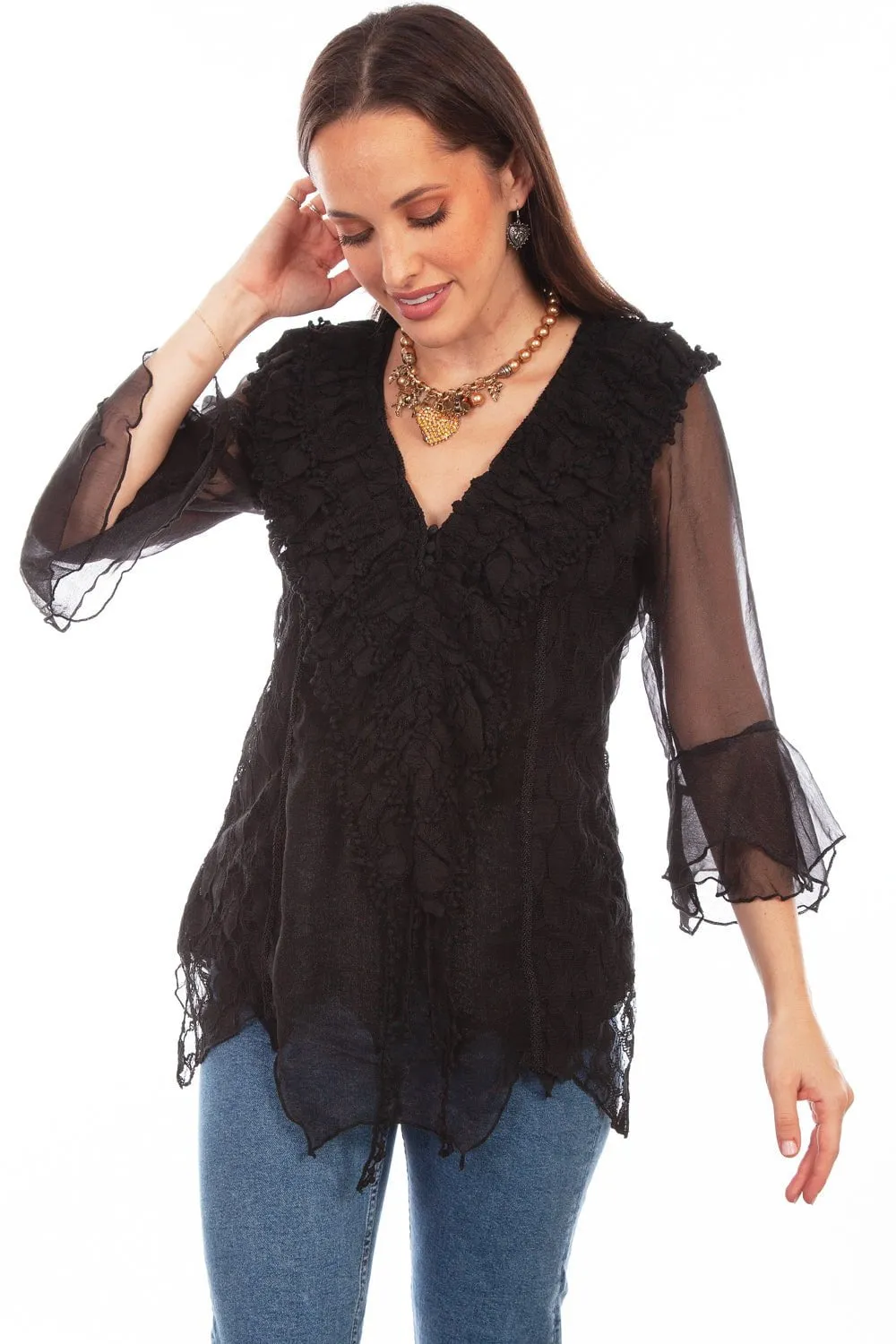 Nautical Look Scully Womens Black Cotton Blend Double Ruffle S/S Blouse