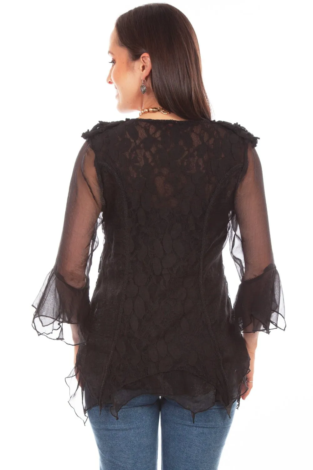 Scully Womens Black Cotton Blend Double Ruffle S/S Blouse Street Wear High-End Finish