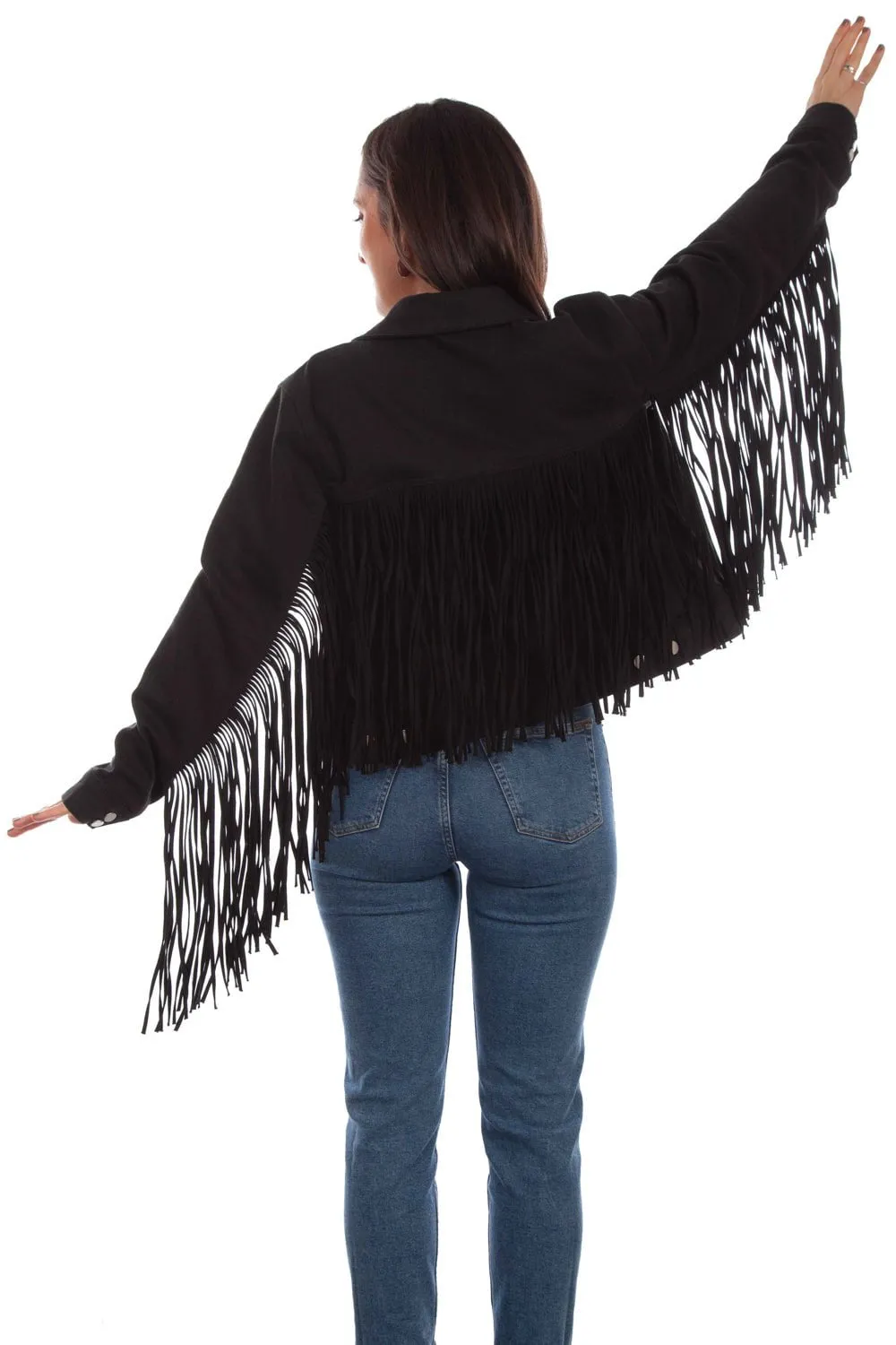 Scully Womens Black Cotton Blend Fringe Jean Denim Jacket Streetwear Fan Evening Stroll Elegant