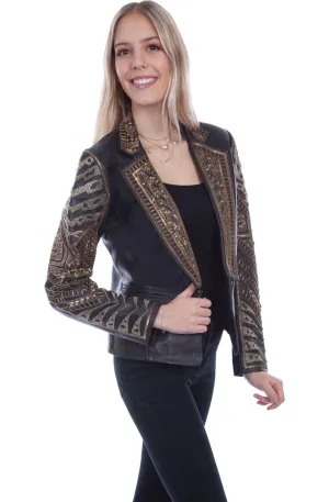 Scully Womens Black Lamb Leather Beaded Blazer Jacket Low Profile Stitching Scully Womens Black Lamb Leather Beaded Blazer Jacket Utility Basic