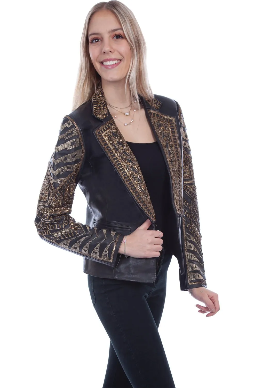 Smart Wardrobe Crosshatch Stitching Scully Womens Black Lamb Leather Beaded Blazer Jacket
