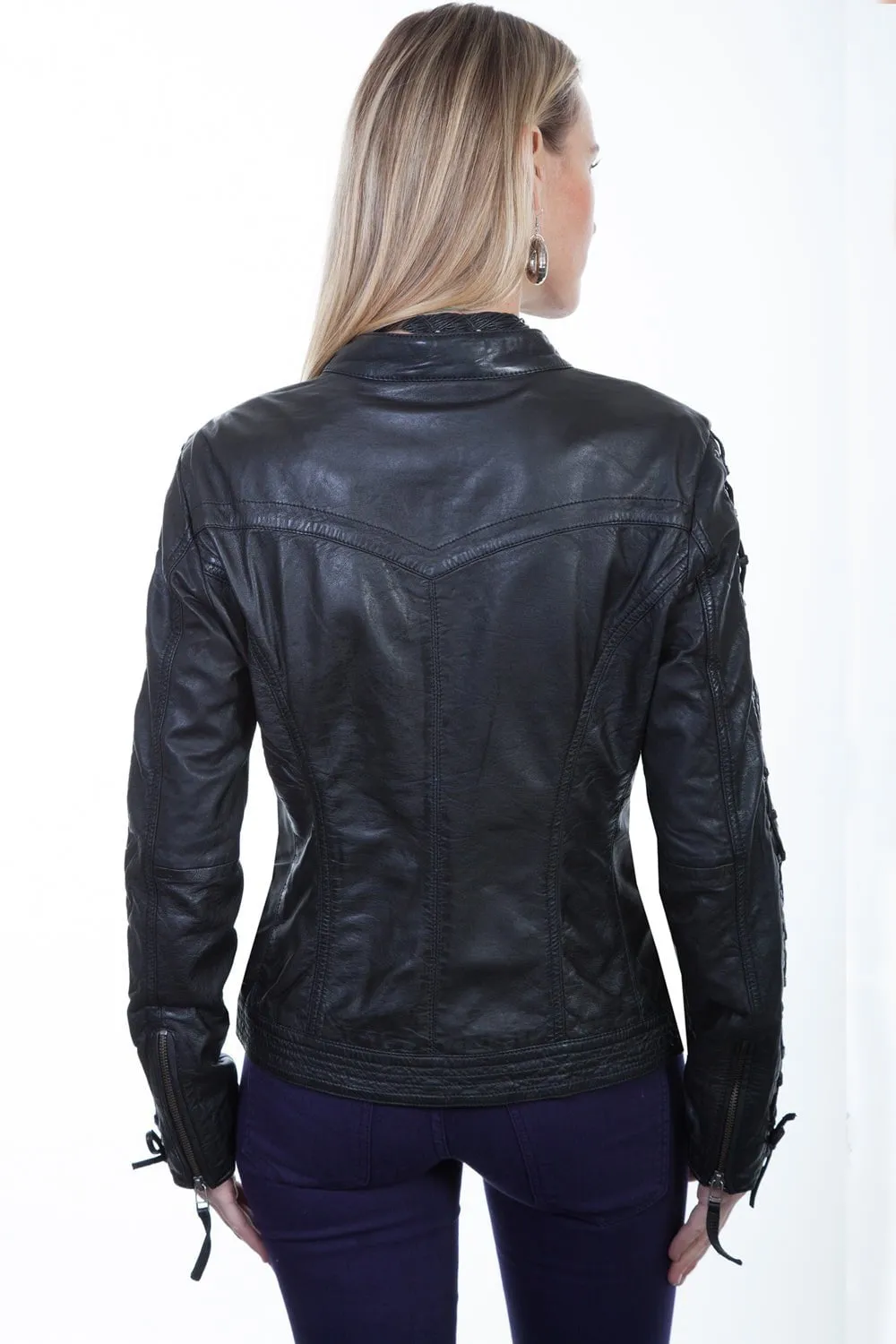 Scully Womens Black Lamb Leather Laced Sleeve Jacket Smart Fit Design Active Outfit