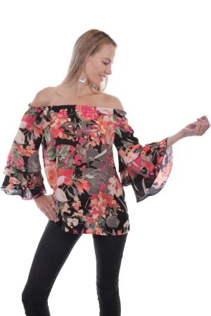Scully Womens Black Multi Polyester Floral Print S/S Blouse Modular Layering Spring Collection Checkered Look Scully Womens Black Multi Polyester Floral Print S/S Blouse