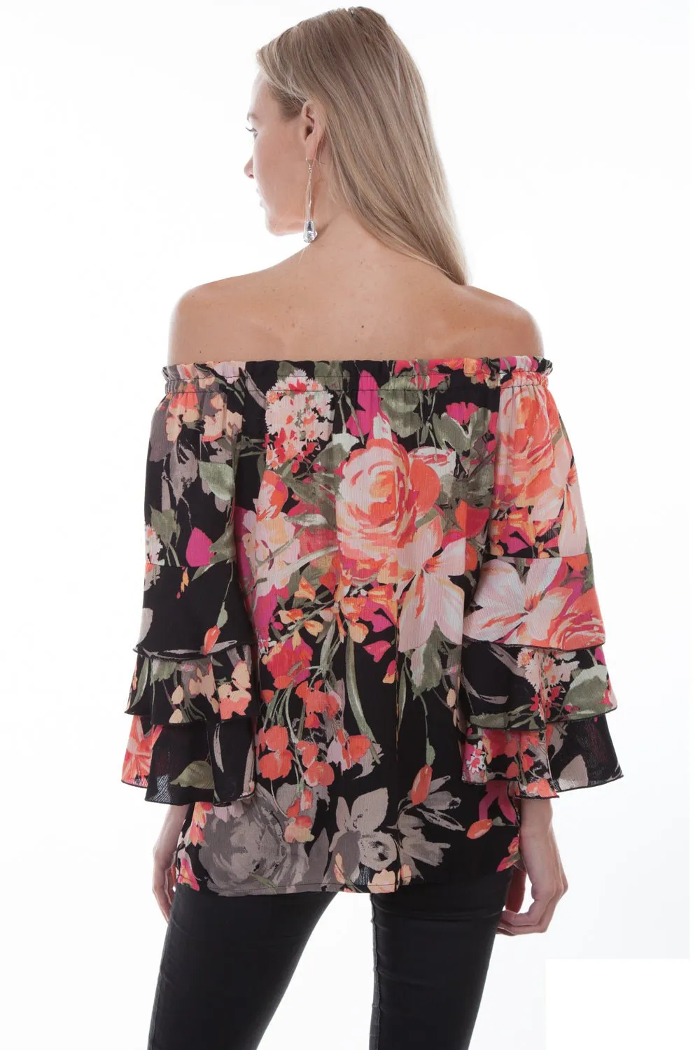 Scully Womens Black Multi Polyester Floral Print S/S Blouse Lounge Comfort