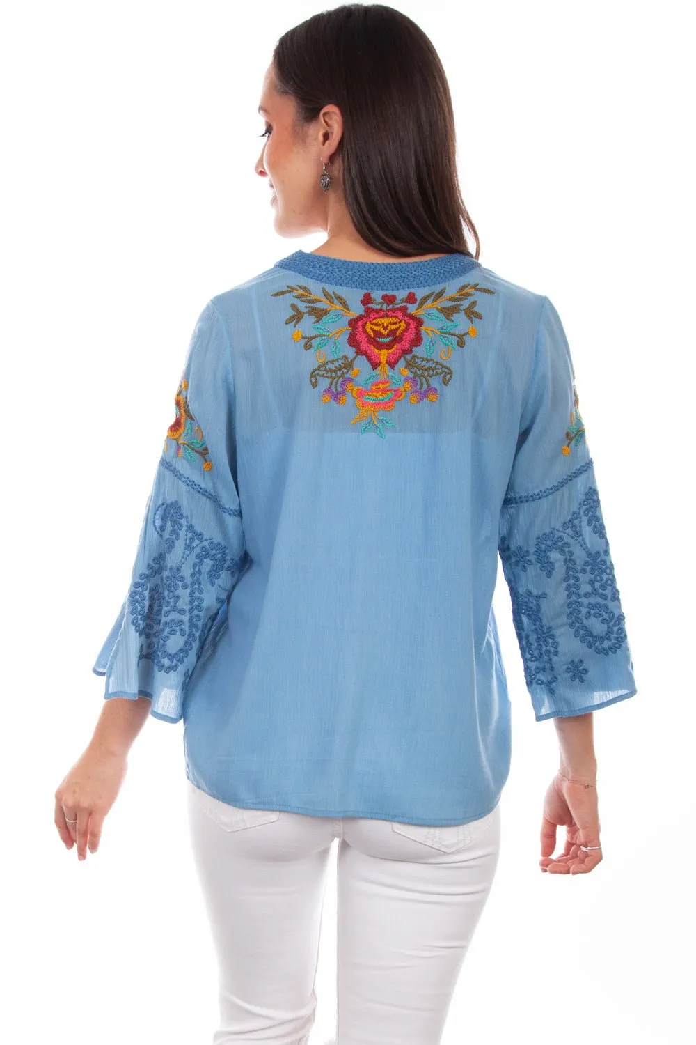 Scully Womens Blue Multi 100% Cotton Detailed Floral S/S Blouse Relaxed Look