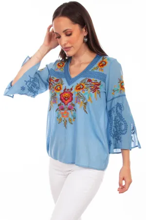 Scully Womens Blue Multi 100% Cotton Detailed Floral S/S Blouse Matte Texture Chill Wear Scully Womens Blue Multi 100% Cotton Detailed Floral S/S Blouse