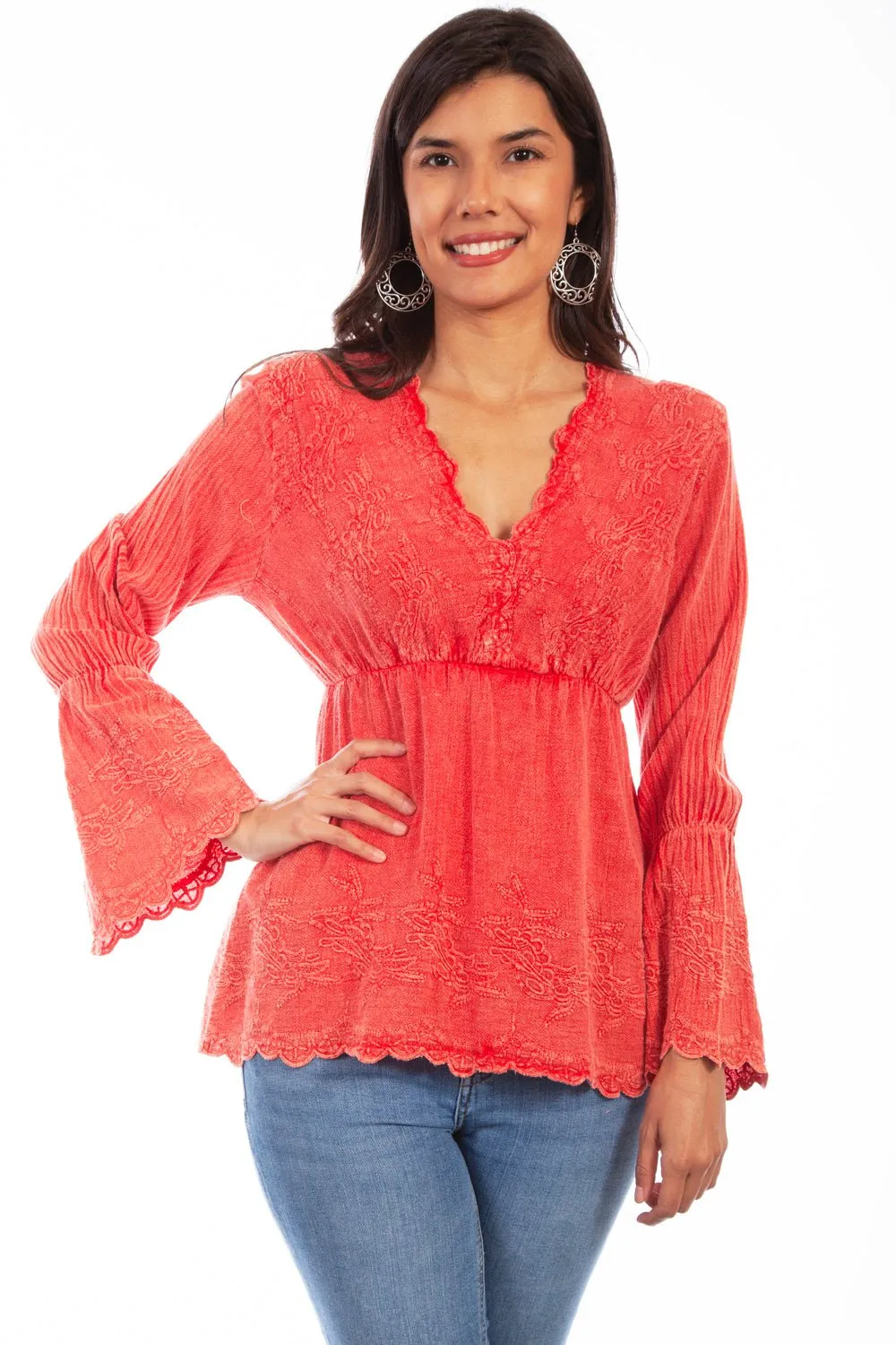 Scully Womens Brick 100% Cotton Plunging L/S Shirt Everyday Vibrant Vibrant Bold Look Street Fashion