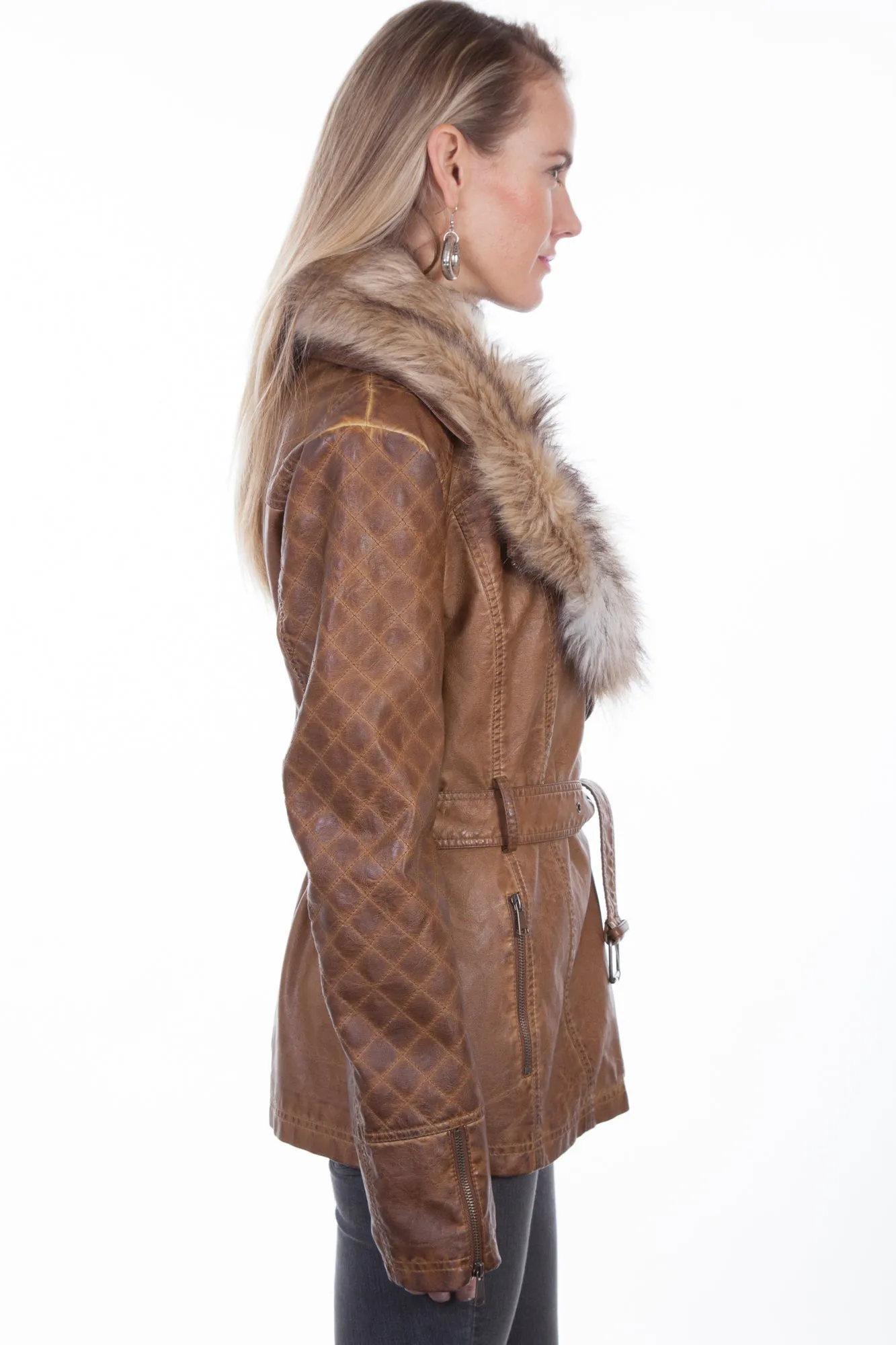 Scully Womens Brown Polyester Faux Fur Jacket Textured Family Style Autumn Days