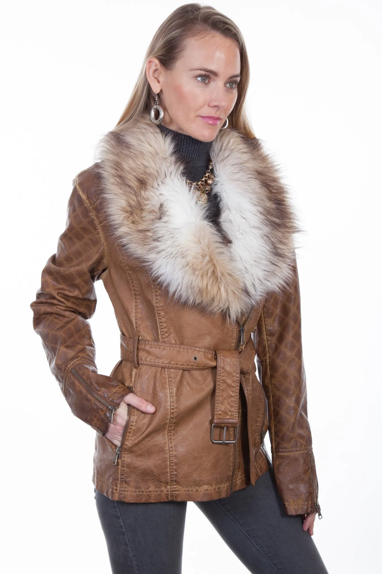 Selvedge Denim Trendy Wear Scully Womens Brown Polyester Faux Fur Jacket