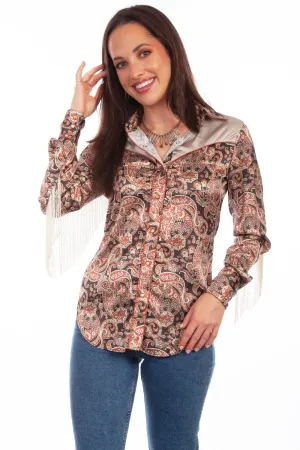 Scully Womens Brown Polyester Western Satin L/S Blouse Double Stitched Hems Scully Womens Brown Polyester Western Satin L/S Blouse Strong Stitch