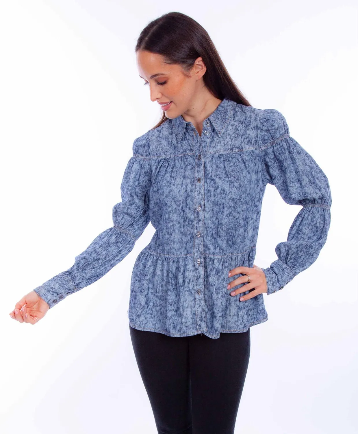 Timeless Classic Scully Womens Button Peasant Blue Lyocell L/S Blouse
