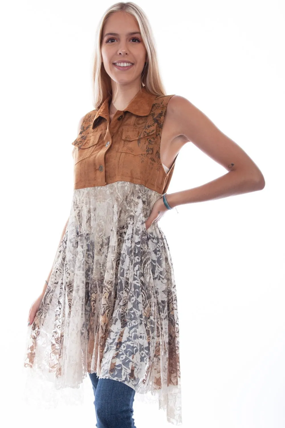 All Season Style Scully Womens Camel Polyester Empire Lace S/L Tunic
