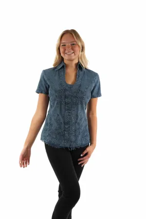 Chic Ensemble Scully Womens Cantina Soutach Dark Blue 100% Cotton S/S Blouse