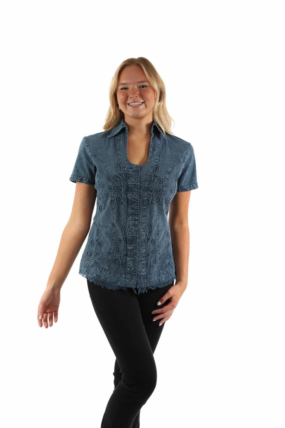 Chic Ensemble Scully Womens Cantina Soutach Dark Blue 100% Cotton S/S Blouse