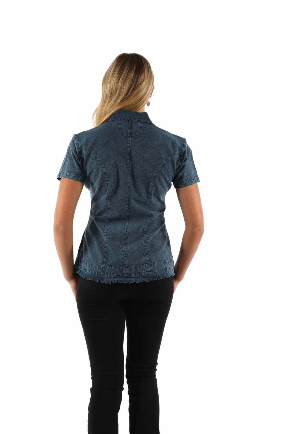 Mesh Insert Smooth Zipper Design Scully Womens Cantina Soutach Dark Blue 100% Cotton S/S Blouse