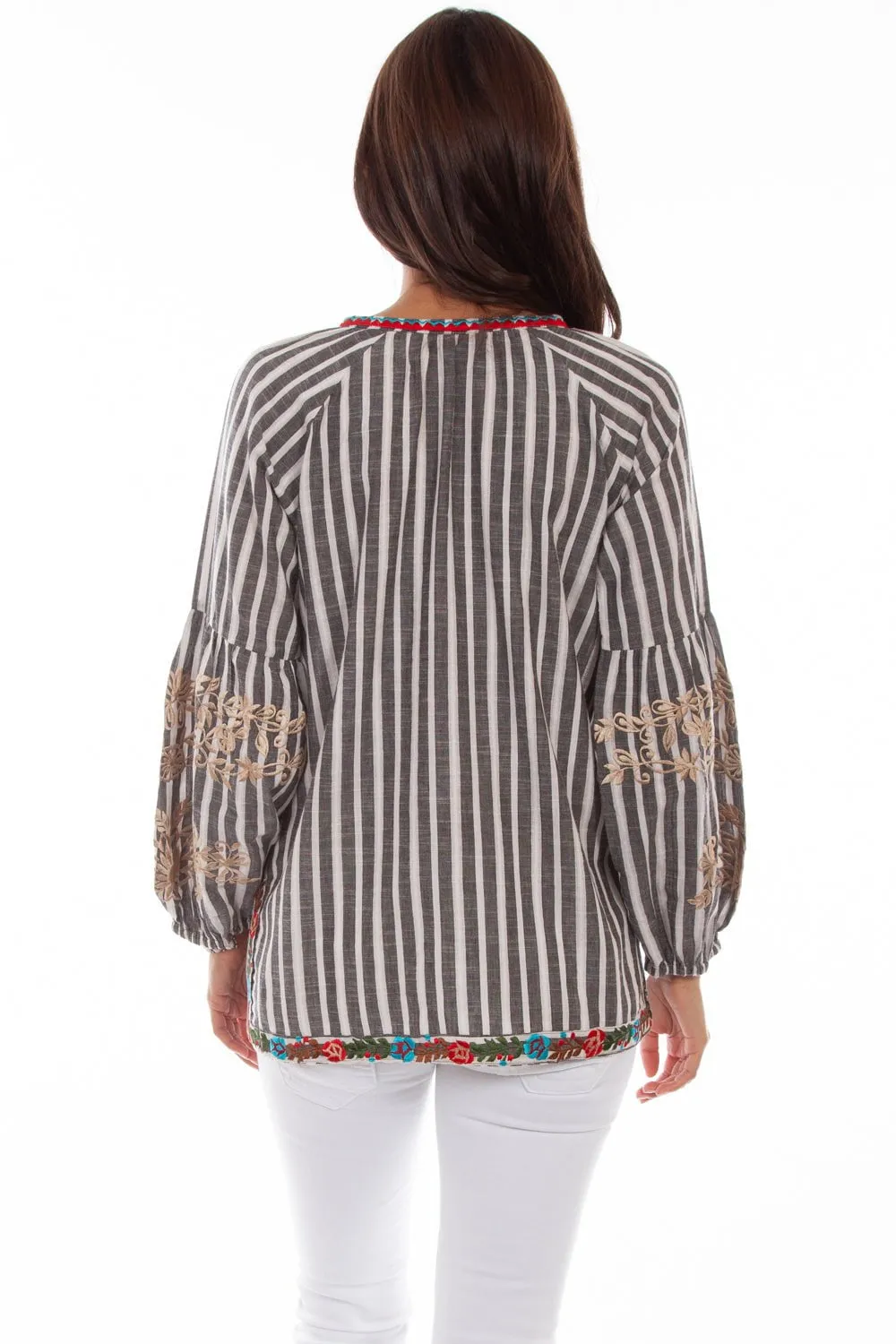 Daily Wear Festival Outfit Fit For Daily Scully Womens Charcoal 100% Cotton Embroidered Stripe L/S Blouse