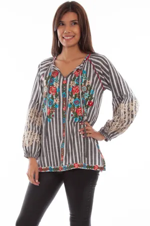 Scully Womens Charcoal 100% Cotton Embroidered Stripe L/S Blouse Easy Routine Casual Comfort Scully Womens Charcoal 100% Cotton Embroidered Stripe L/S Blouse