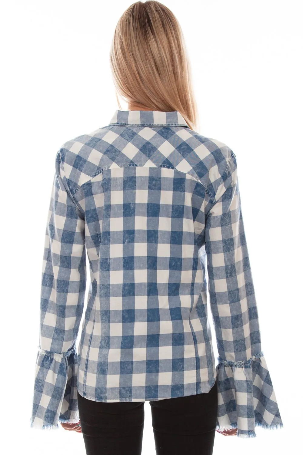 UV Protective Coating Low Maintenance Scully Womens Checker Bell Sleeve Blue 100% Cotton L/S Blouse
