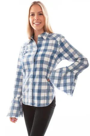 Scully Womens Checker Bell Sleeve Blue 100% Cotton L/S Blouse Single Needle Stitching Smart Look Scully Womens Checker Bell Sleeve Blue 100% Cotton L/S Blouse