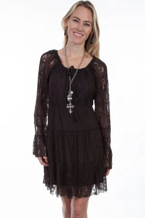Scully Womens Chocolate Polyester Innocent Lace L/S Dress Selvedge Edging Abrasion Resistant Surface Stay Comfortable Scully Womens Chocolate Polyester Innocent Lace L/S Dress