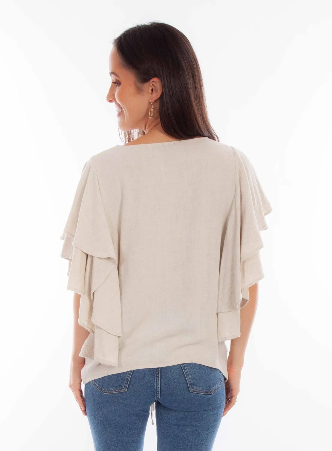 Scully Womens Cinch Front Natural Rayon Blend S/S Blouse Versatile Piece Button front